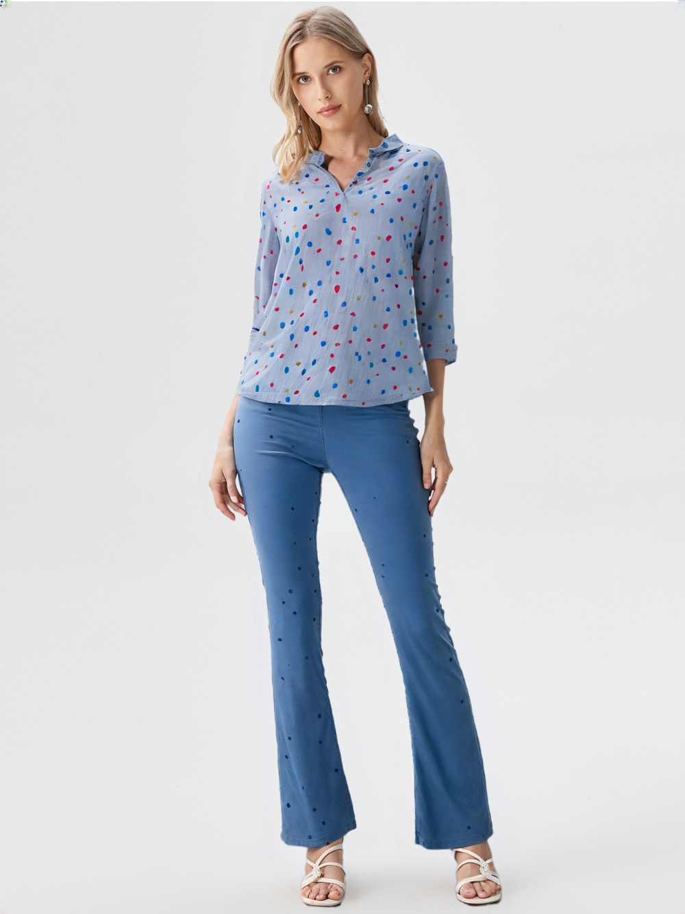 wearOn Periwinkle Blue Multicolor Dot Blouse - Women's 3/4 Sleeve Professional Button-Up with Rainbow Print Detail