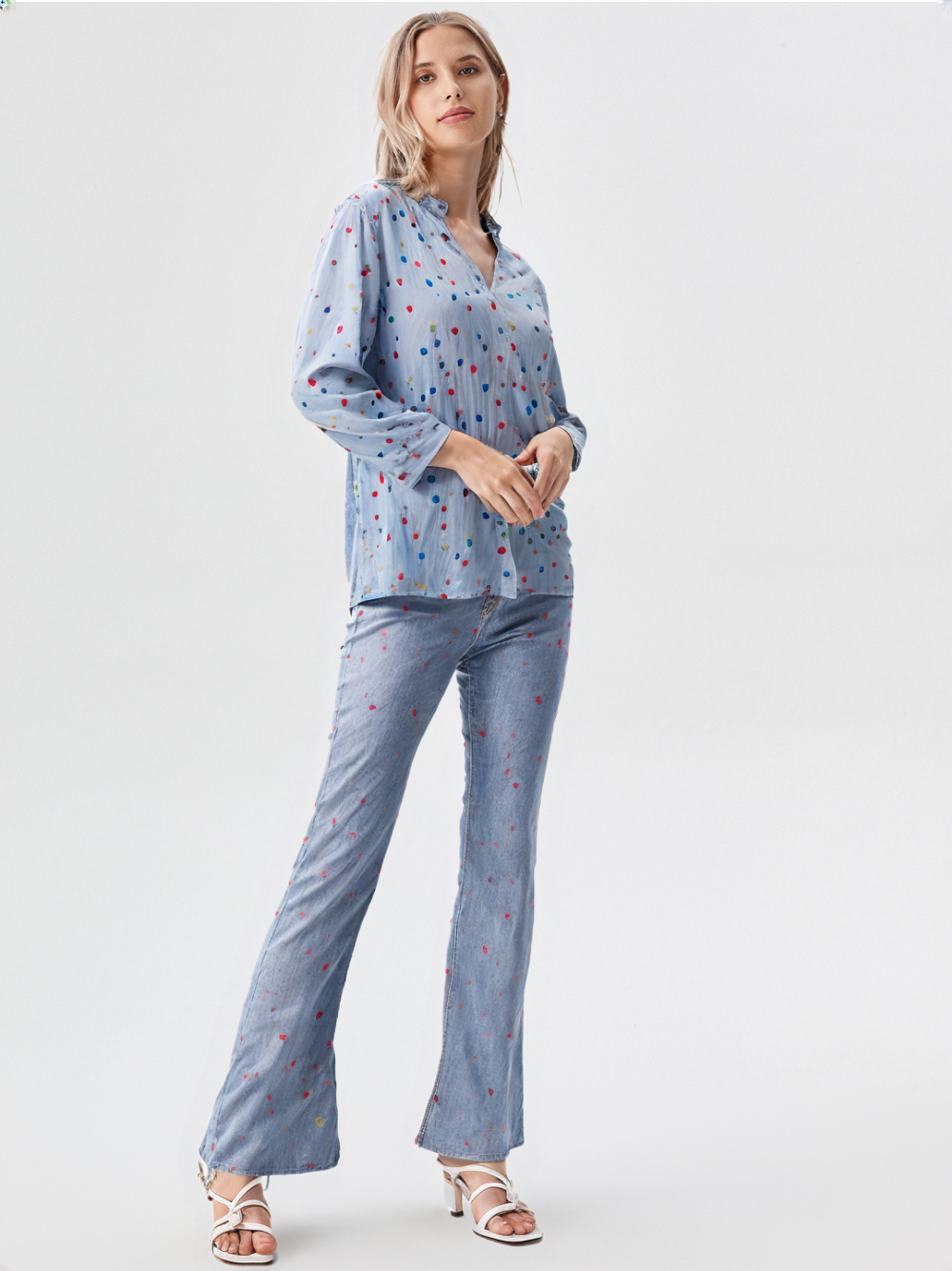 wearOn Periwinkle Blue Multicolor Dot Blouse - Women's 3/4 Sleeve Professional Button-Up with Rainbow Print Detail
