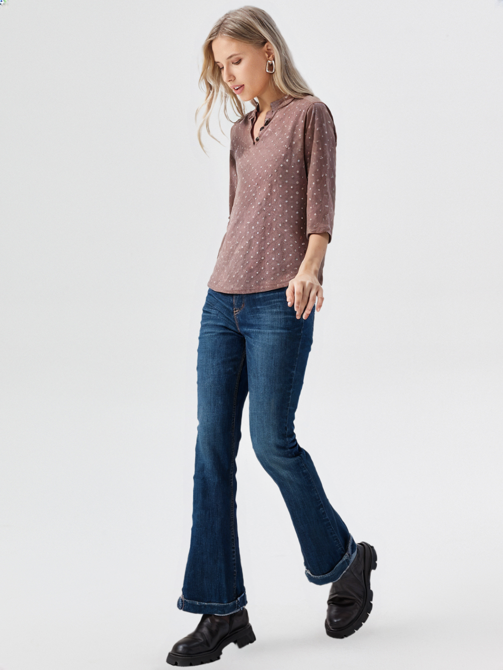wearOn Dusty Rose Henley Top - Polka Dot 3/4 Sleeve Blouse for Women - Trending Now