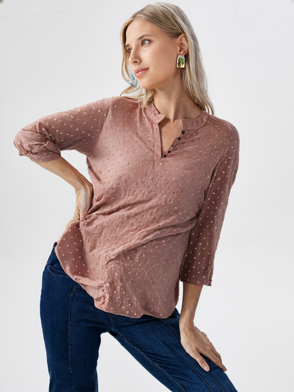 wearOn Dusty Rose Henley Top - Polka Dot 3/4 Sleeve Blouse for Women - Trending Now