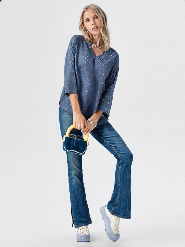 wearOn Slate Blue Star Print V-Neck Top - Long Sleeve Polka Dot Blouse for Women - Exclusive Design - WearOn