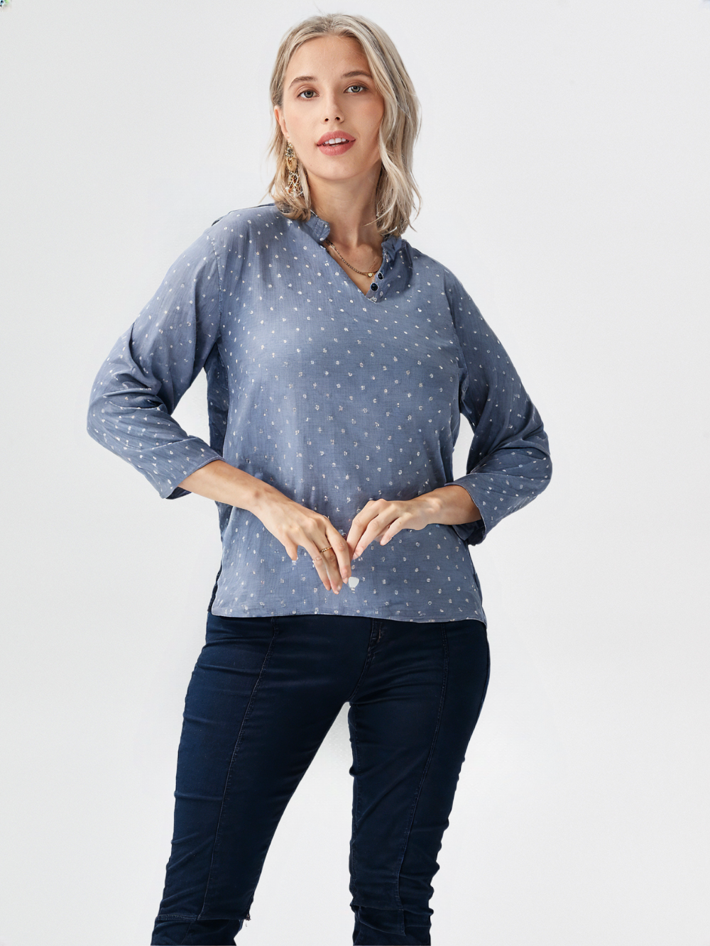 wearOn Slate Blue Star Print V-Neck Top - Long Sleeve Polka Dot Blouse for Women - Exclusive Design - WearOn