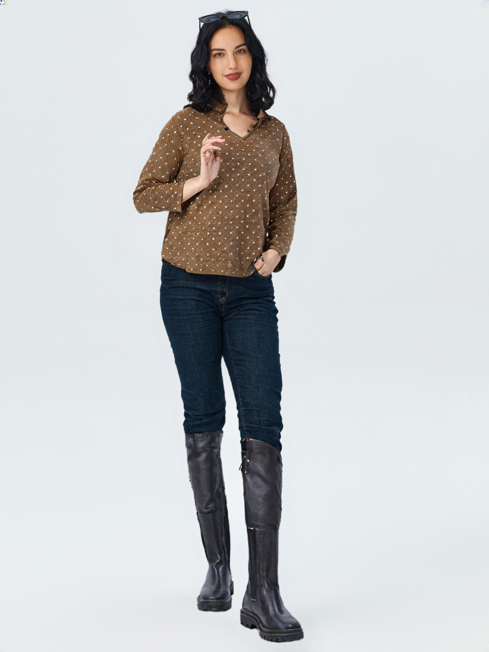 wearOn Earth Tone Polka Dot Tunic - Olive Brown Button-Up Blouse for Women - Luxury Casual