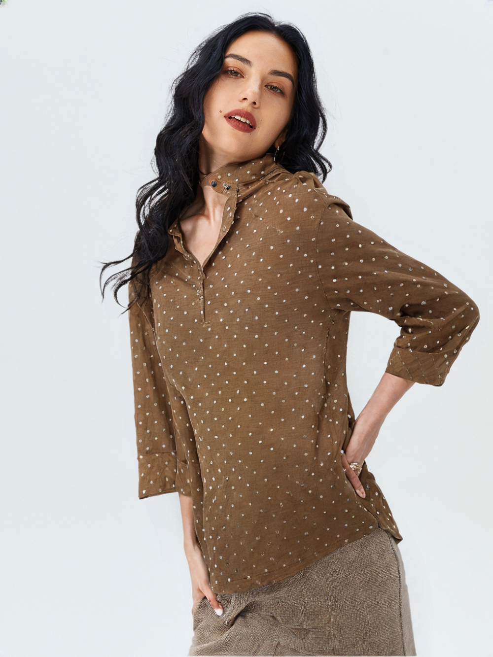 wearOn Earth Tone Polka Dot Tunic - Olive Brown Button-Up Blouse for Women - Luxury Casual