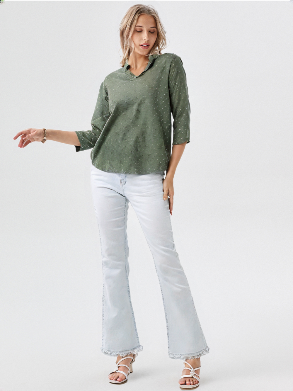wearOn Sage Green Polka Dot Collard Blouse - Formal V-Neck Shirt for Women - Trending Now - WearOn