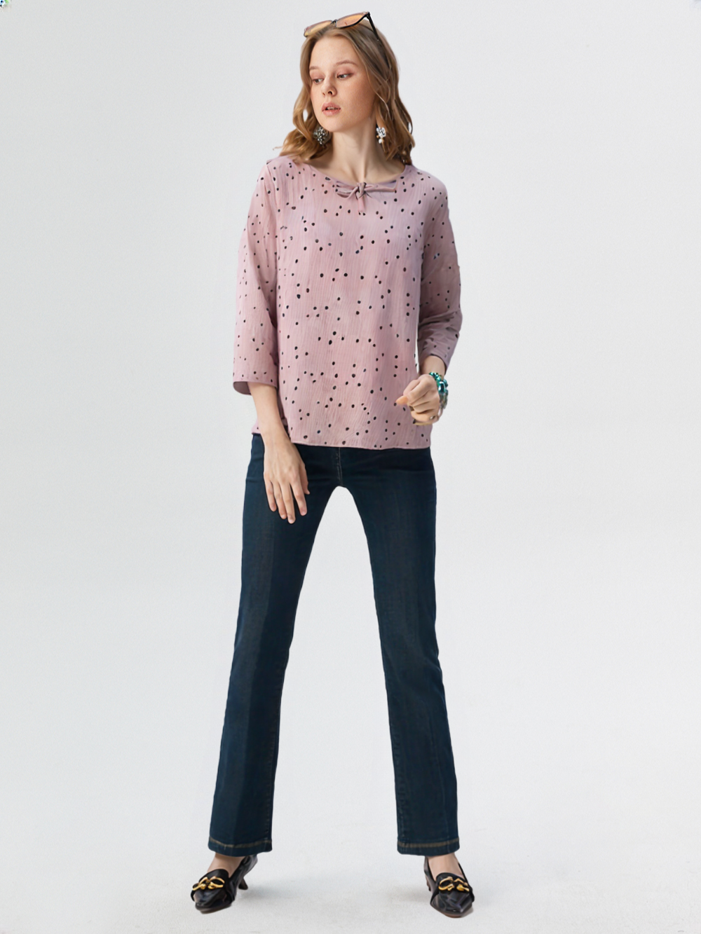 wearOn Blush Pink Scattered Dot Top - Bow Neck 3/4 Sleeve Blouse for Women - Feminine Elegance