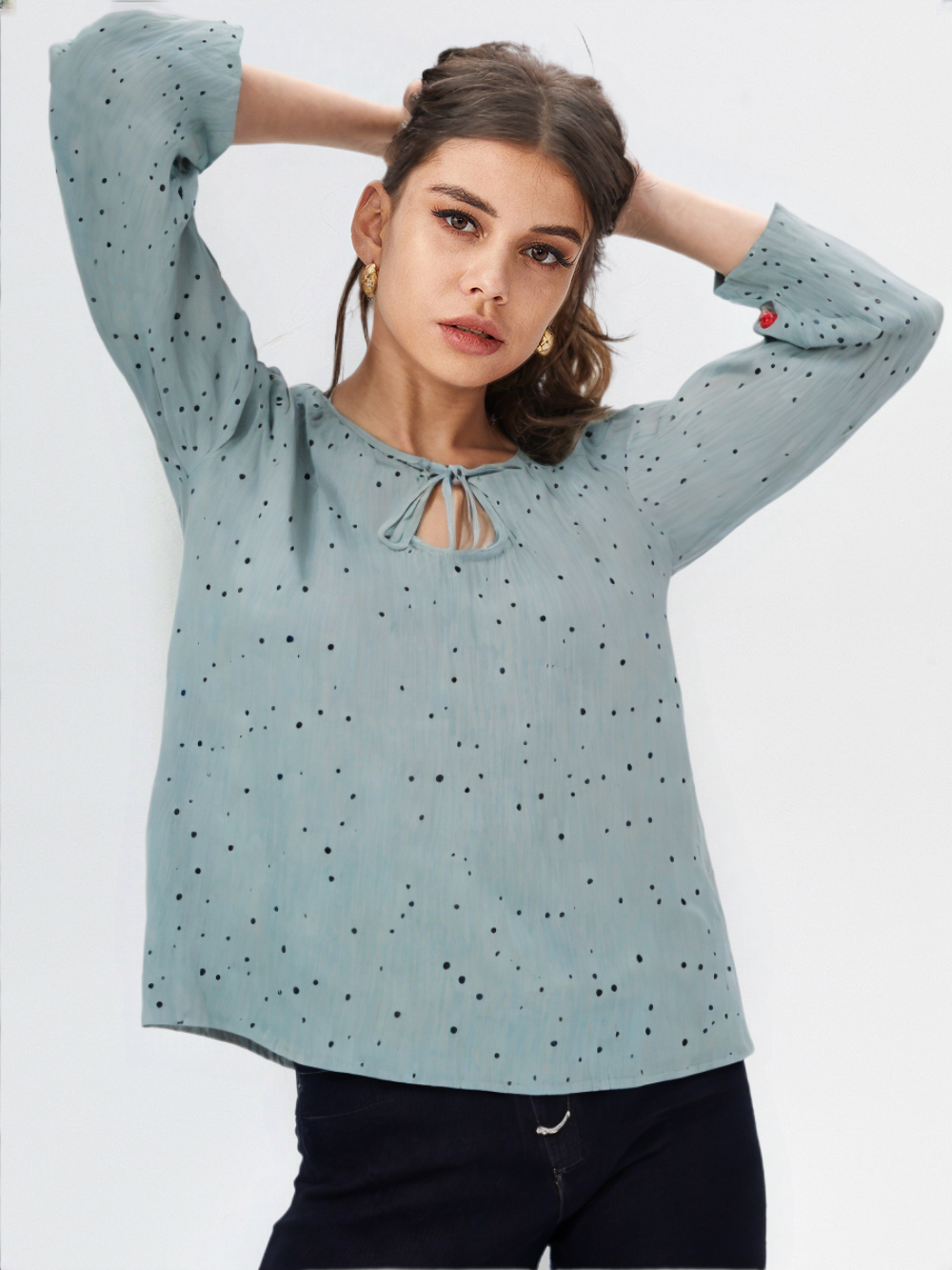 wearOn Mint Green Polka Dot Keyhole Top - 3/4 Sleeve Relaxed Blouse for Women - Trending Now