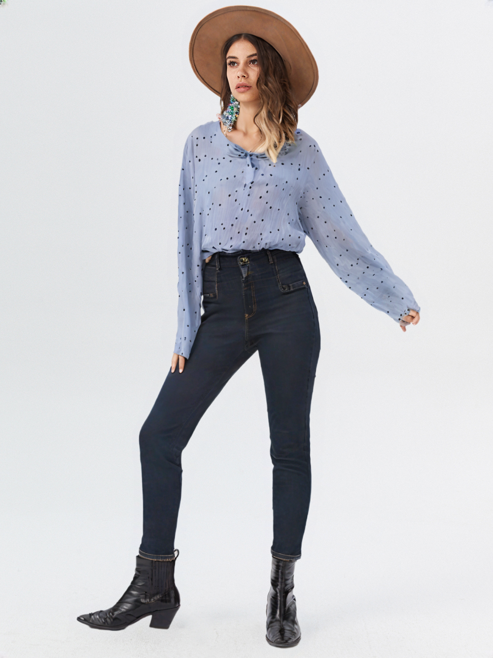 wearOn Sky Blue Rainbow Dot Bow Tunic - 3/4 Sleeve Colorful Polka Dot Blouse for Women - Peaceful Joy - WearOn