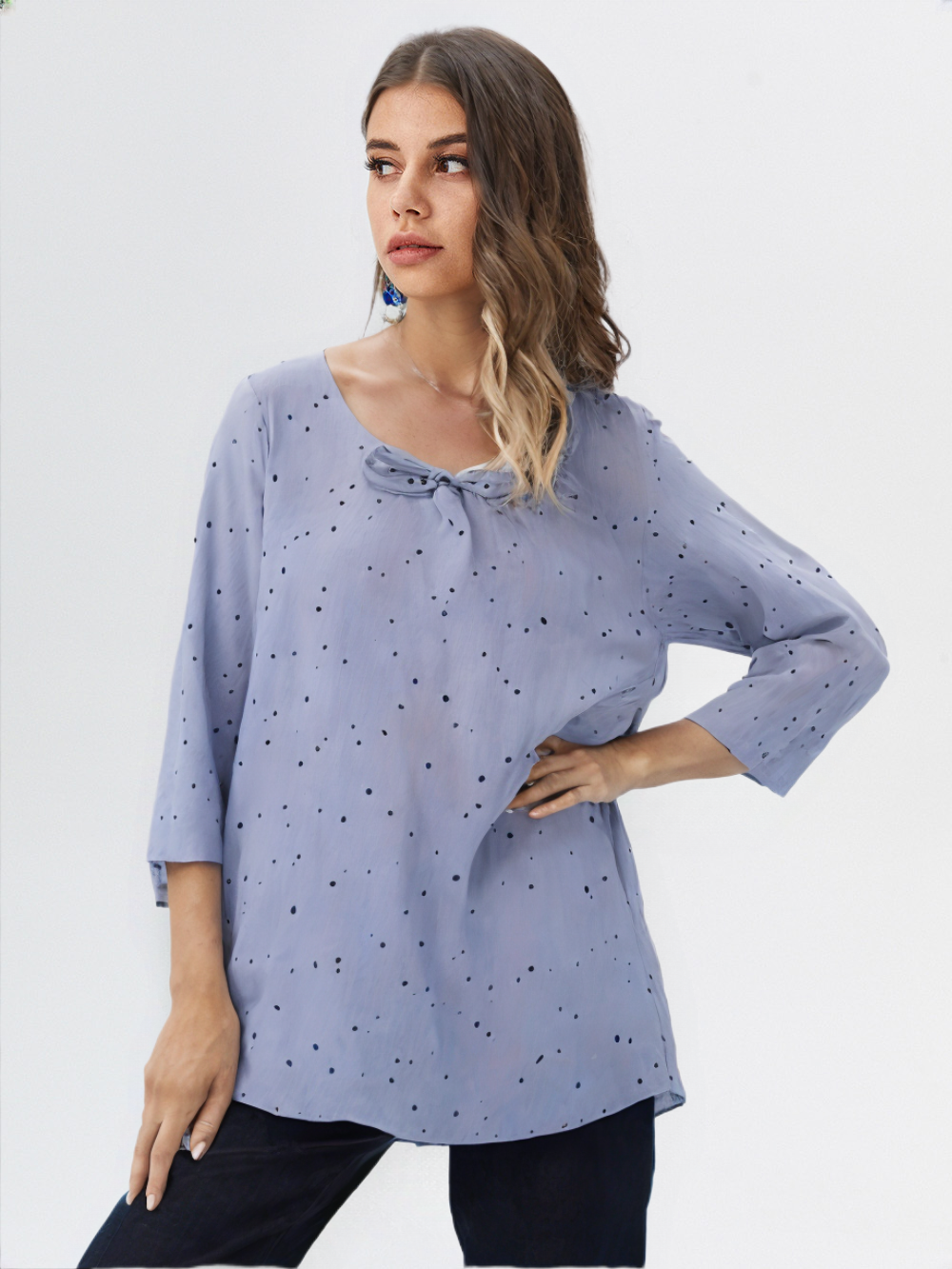 wearOn Sky Blue Rainbow Dot Bow Tunic - 3/4 Sleeve Colorful Polka Dot Blouse for Women - Peaceful Joy - WearOn