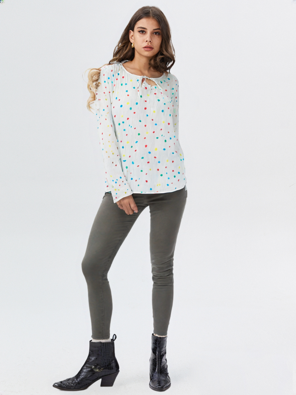 wearOn Colorful Confetti Dots Long Sleeve Top - Playful Polka Dot Blouse for Women
