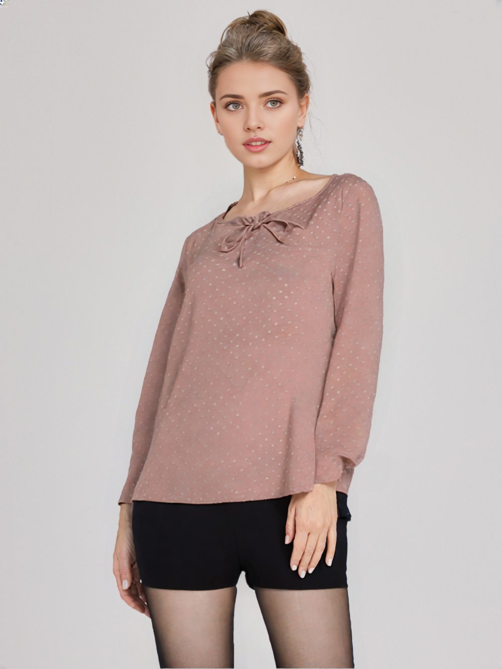 wearOn Mauve Polka Dot Tie-Neck Blouse - Dusty Rose Half Sleeve Top for Women
