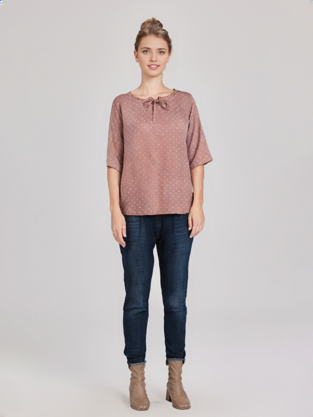wearOn Mauve Polka Dot Tie-Neck Blouse - Dusty Rose Half Sleeve Top for Women