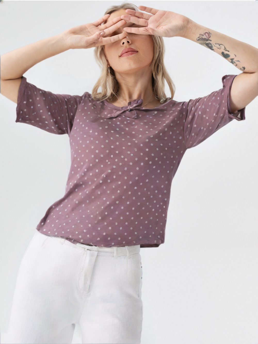 wearOn Plum Polka Dot Collar Top - Purple Half Sleeve Blouse with Bow Detail for Women