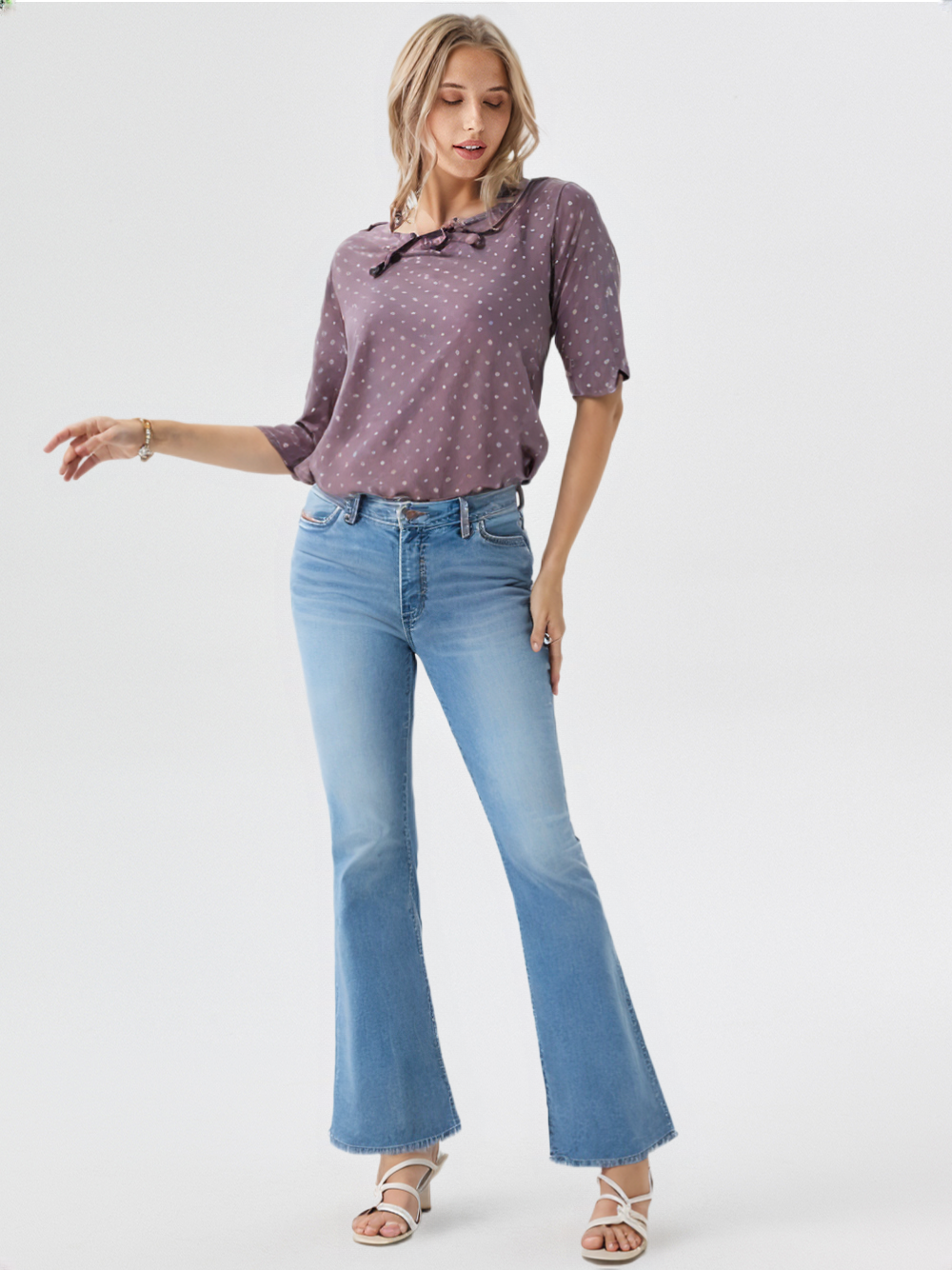 wearOn Plum Polka Dot Collar Top - Purple Half Sleeve Blouse with Bow Detail for Women