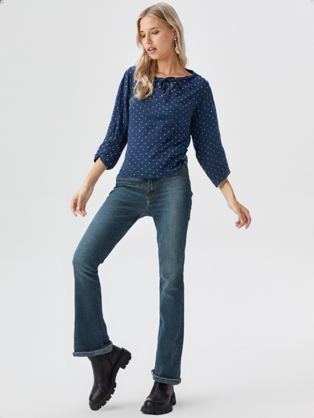 wearOn Navy Blue Polka Dot Balloon Sleeve Top - Tie-Front Blouse with White Dots for Women
