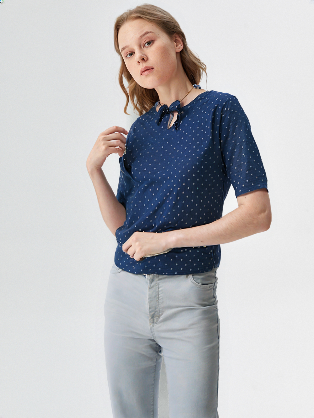 wearOn Navy Blue Polka Dot Balloon Sleeve Top - Tie-Front Blouse with White Dots for Women
