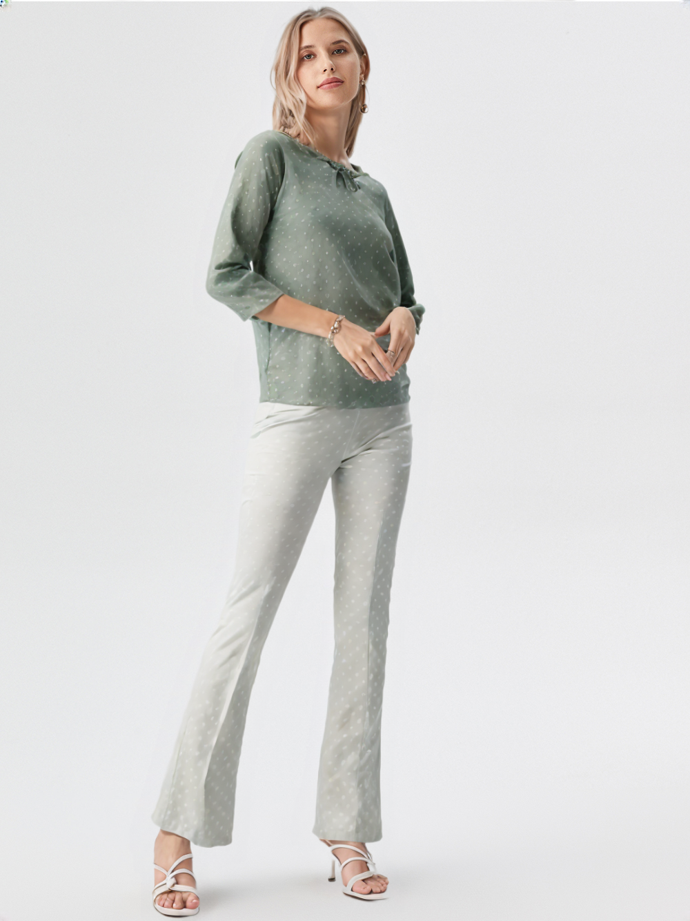 wearOn Sage Green Polka Dot Tie-Front Top - White Dots Three Quarter Sleeve Blouse for Women - WearOn