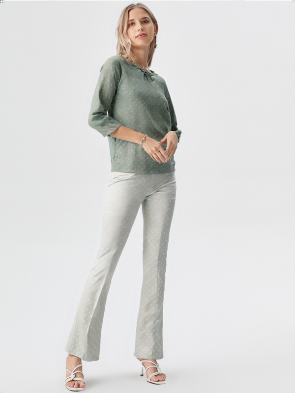 wearOn Sage Green Polka Dot Tie-Front Top - White Dots Three Quarter Sleeve Blouse for Women - WearOn