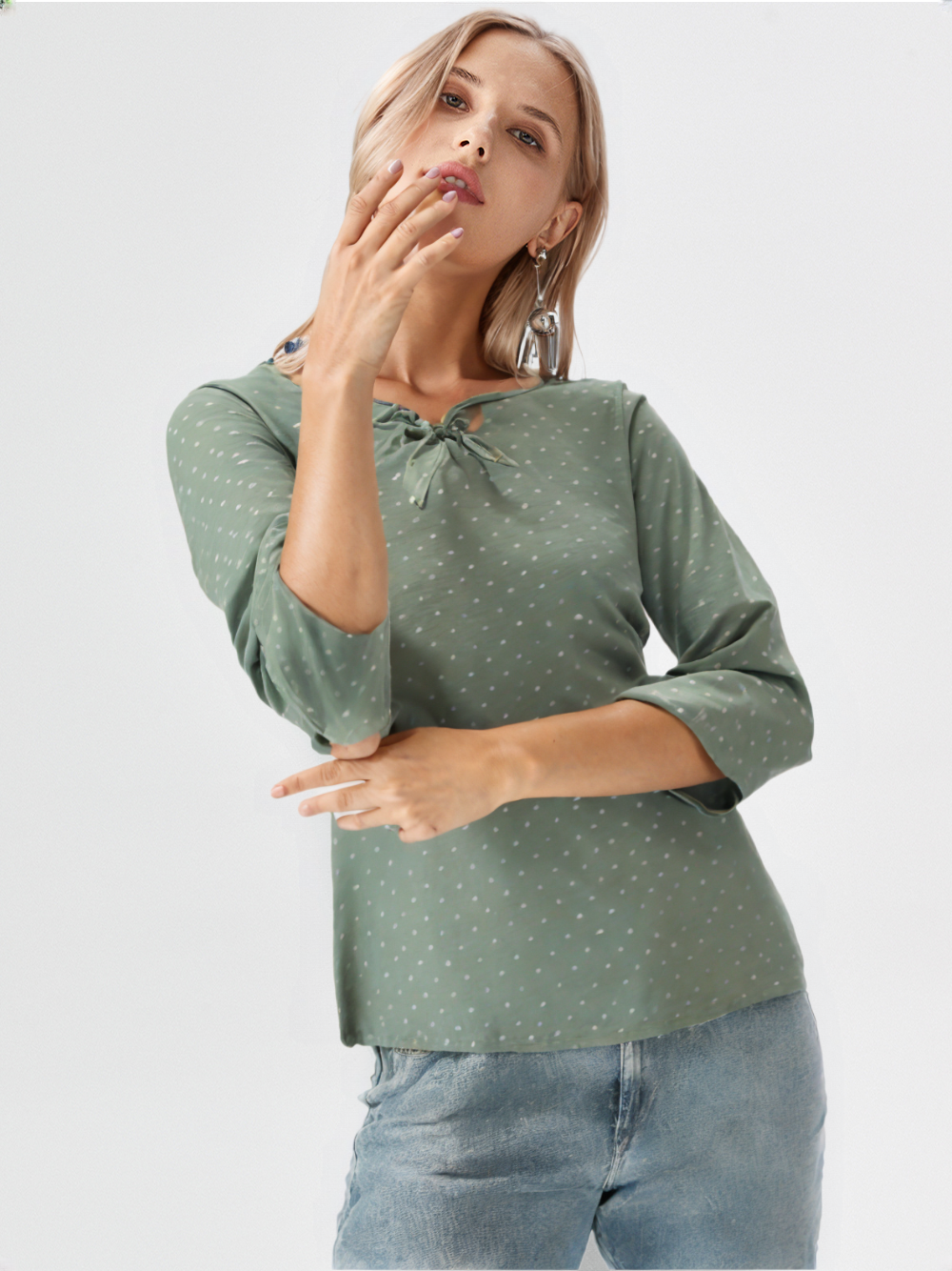 wearOn Sage Green Polka Dot Tie-Front Top - White Dots Three Quarter Sleeve Blouse for Women - WearOn