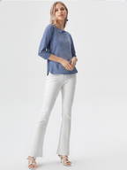 wearOn Dusty Blue Polka Dot Tie-Neck Top - White Dots Three Quarter Sleeve Blouse for Women