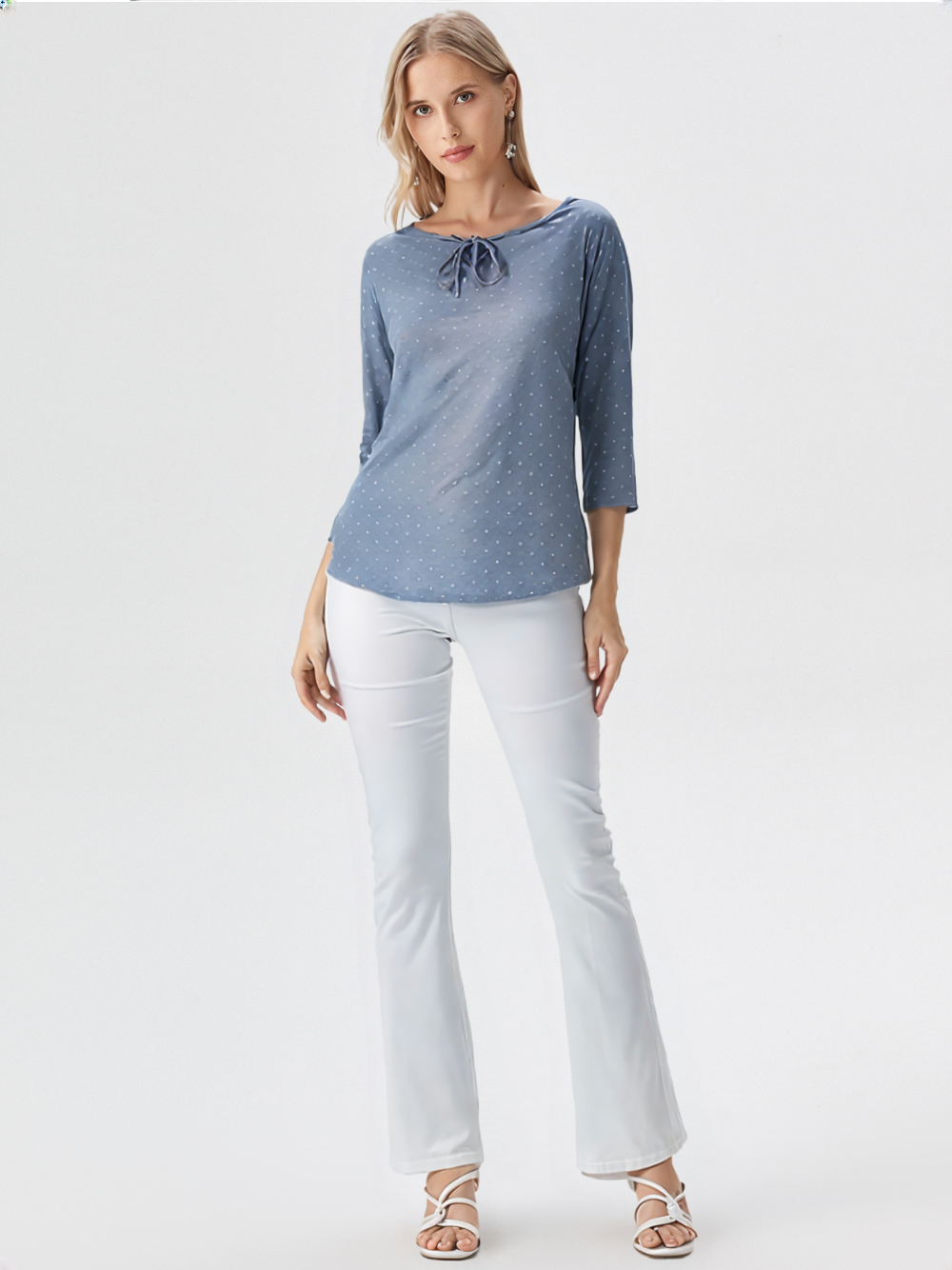 wearOn Dusty Blue Polka Dot Tie-Neck Top - White Dots Three Quarter Sleeve Blouse for Women