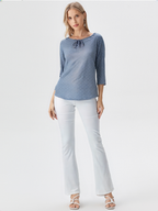 wearOn Dusty Blue Polka Dot Tie-Neck Top - White Dots Three Quarter Sleeve Blouse for Women