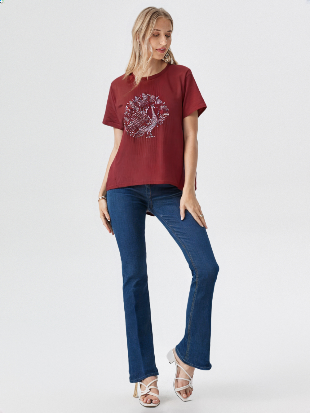 wearOn Women's Mystic Peacock Graphic Tee - Burgundy Red Short Sleeve Cotton T-Shirt