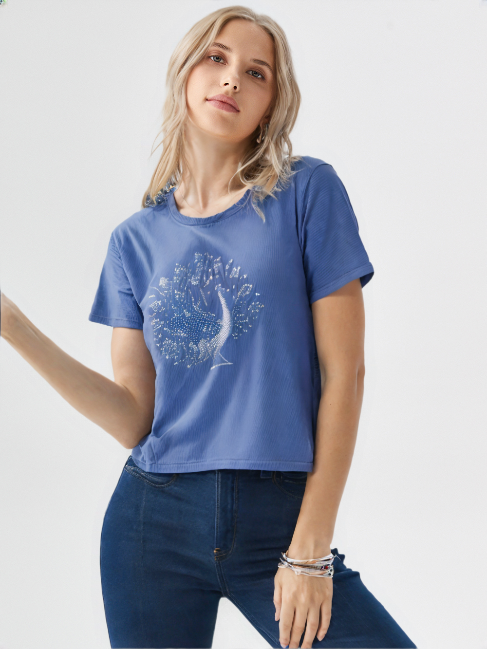 wearOn Women's Royal Peacock Sparkle Tee - Cobalt Blue Premium Cotton Short Sleeve T-Shirt