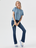wearOn Women's Silver Starfall Tee - Periwinkle Blue Ribbed Short Sleeve T-Shirt