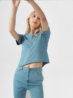 wearOn Women's Silver Starfall Tee - Periwinkle Blue Ribbed Short Sleeve T-Shirt