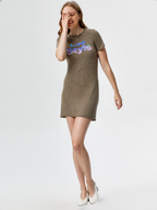 wearOn Olive Slub Cotton T-Shirt Dress - Oversized Comfort Tee Dress with Statement Graphics
