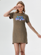 wearOn Olive Slub Cotton T-Shirt Dress - Oversized Comfort Tee Dress with Statement Graphics