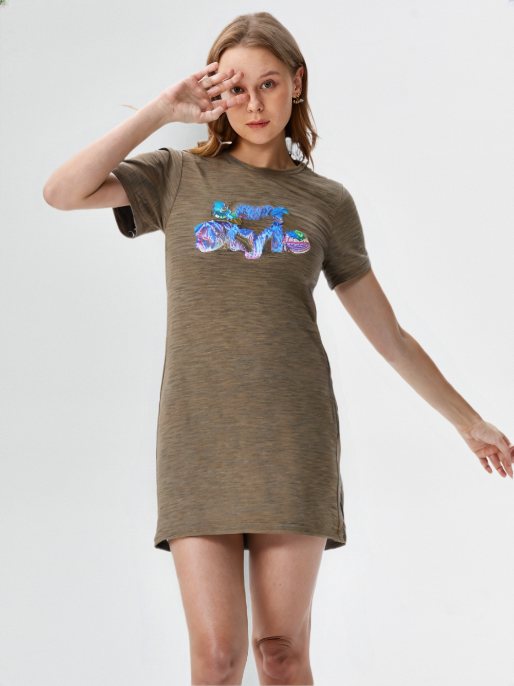 wearOn Olive Slub Cotton T-Shirt Dress - Oversized Comfort Tee Dress with Statement Graphics
