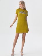 wearOn Mustard Yellow Relaxed T-Shirt Dress - Oversized Comfort Mini Dress with Holographic Statement Graphics