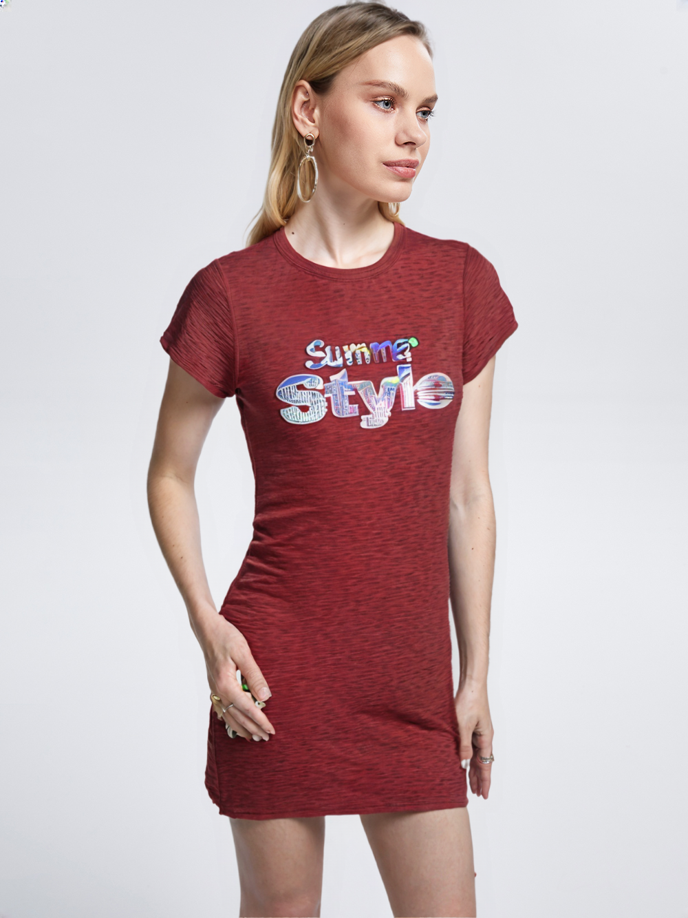 wearOn Rust Red Fitted T-Shirt Dress - "Summer Style" Holographic Mini Dress Short Sleeve - WearOn