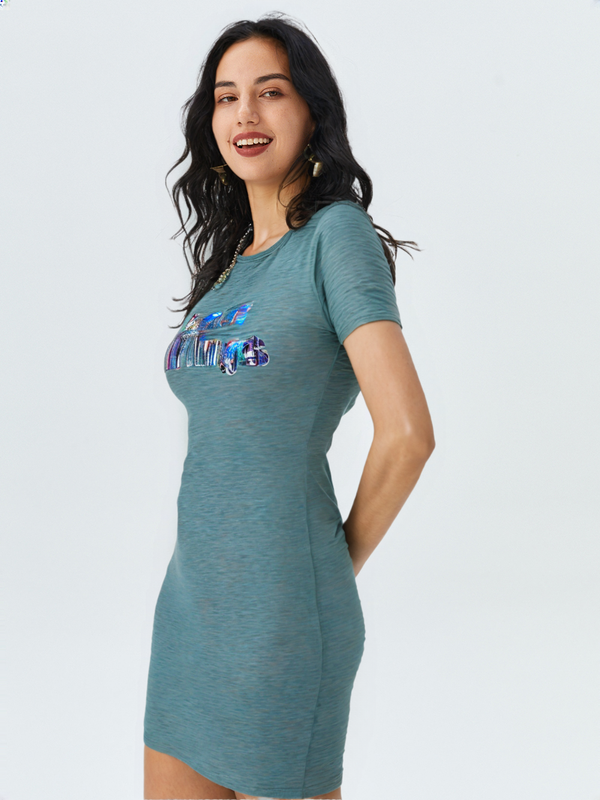wearOn Sage Green Fitted T-Shirt Dress - Bodycon Mini Dress with Holographic Statement Graphics - WearOn