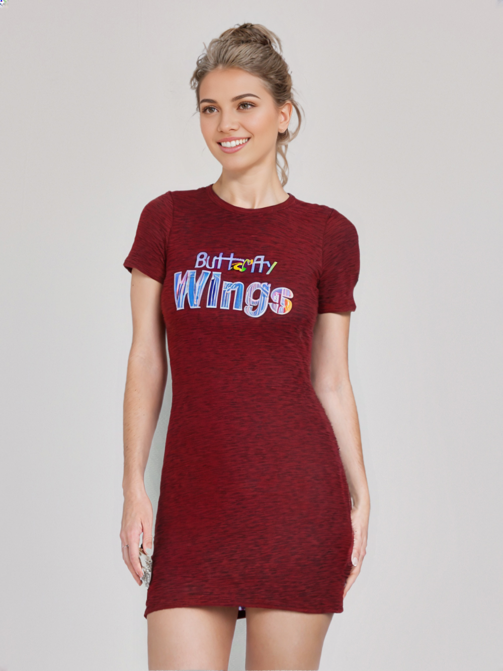 wearOn Deep Burgundy Fitted T-Shirt Dress - "Butterfly Wings" Holographic Mini Dress Short Sleeve