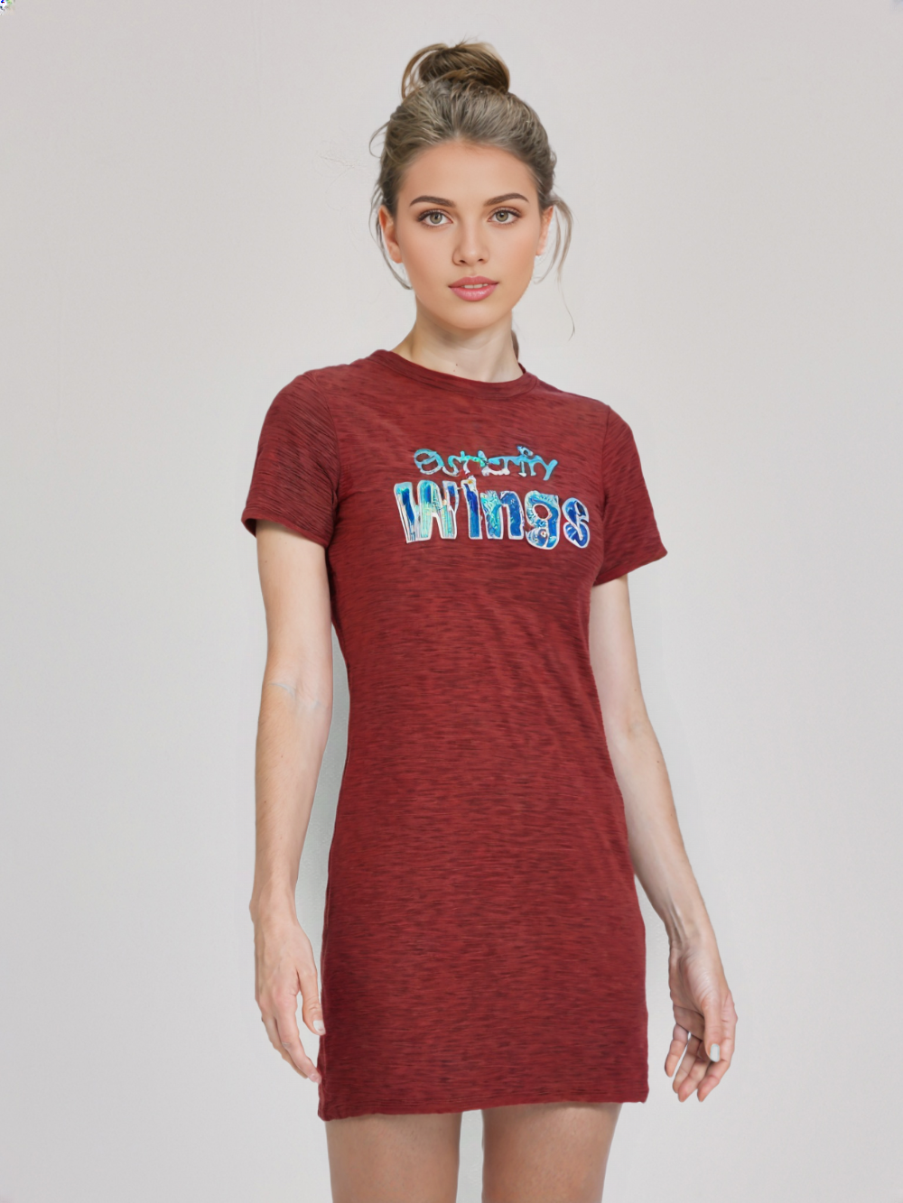 wearOn Rust Red Fitted T-Shirt Dress - "Butterfly Wings" Holographic Mini Dress Short Sleeve - WearOn