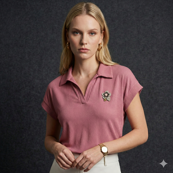 Tailored ribbed knit top with collar in Pink, styled with casual trousers.
