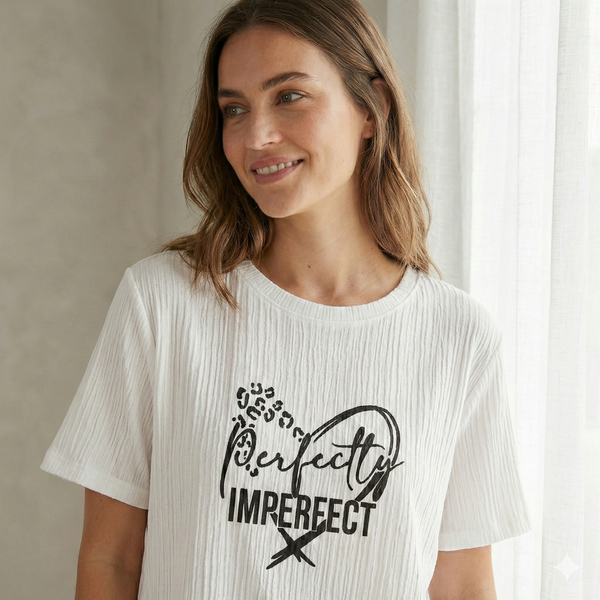 WEARON Statement Slit-Hem Tee with Perfectly Imperfect motif.