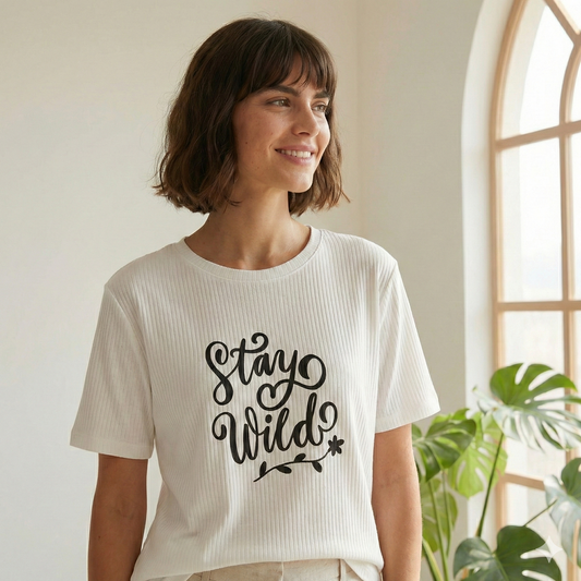 Woman wearing white side-slit t-shirt with 'Stay Wild' graphic.