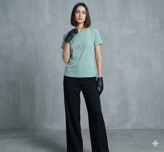 Luxury ribbed knit t-shirt with heart design in Teal.