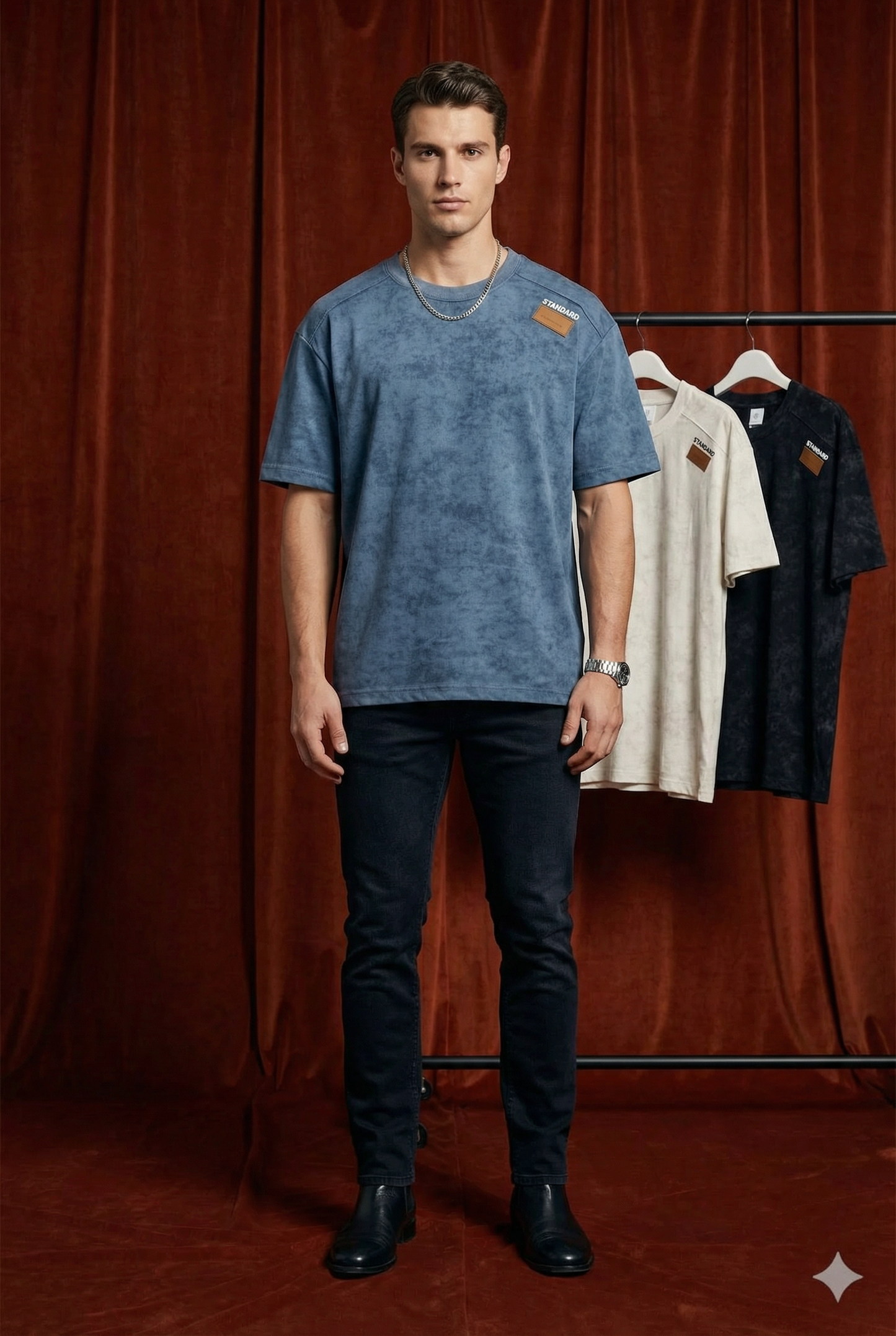 Close-up of WEARON Acid-Wash Patch Tee in Ivory with stitched leather shoulder patch.