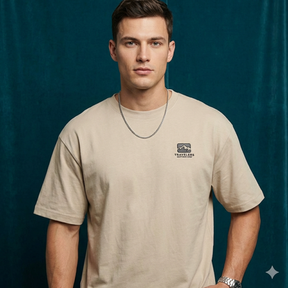 Close-up of WEARON Travelers Mountain Tee in Tan with chest mountain logo print, teal velvet backdrop.