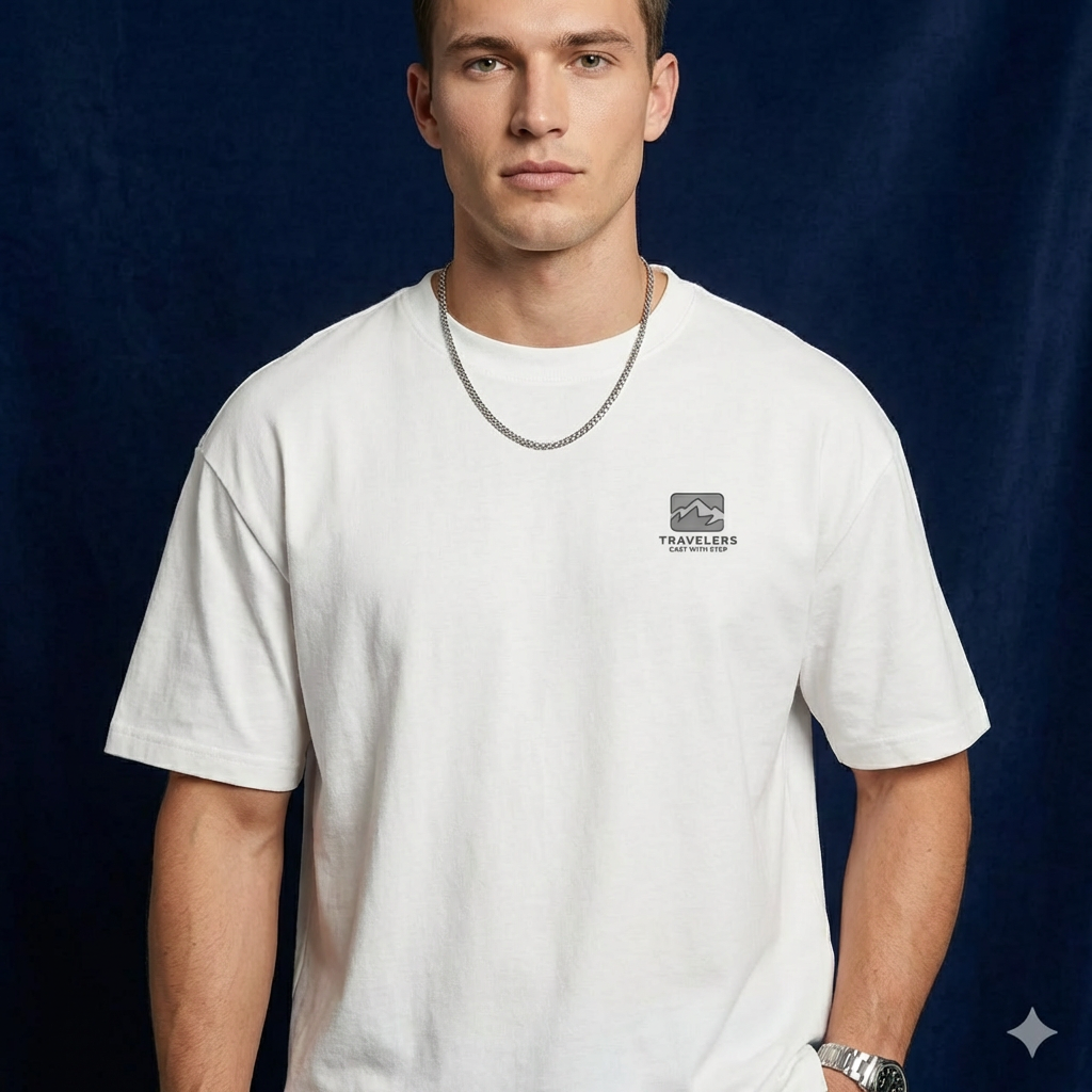 Close-up of WEARON Travelers Mountain Tee in White showing small chest mountain logo print.