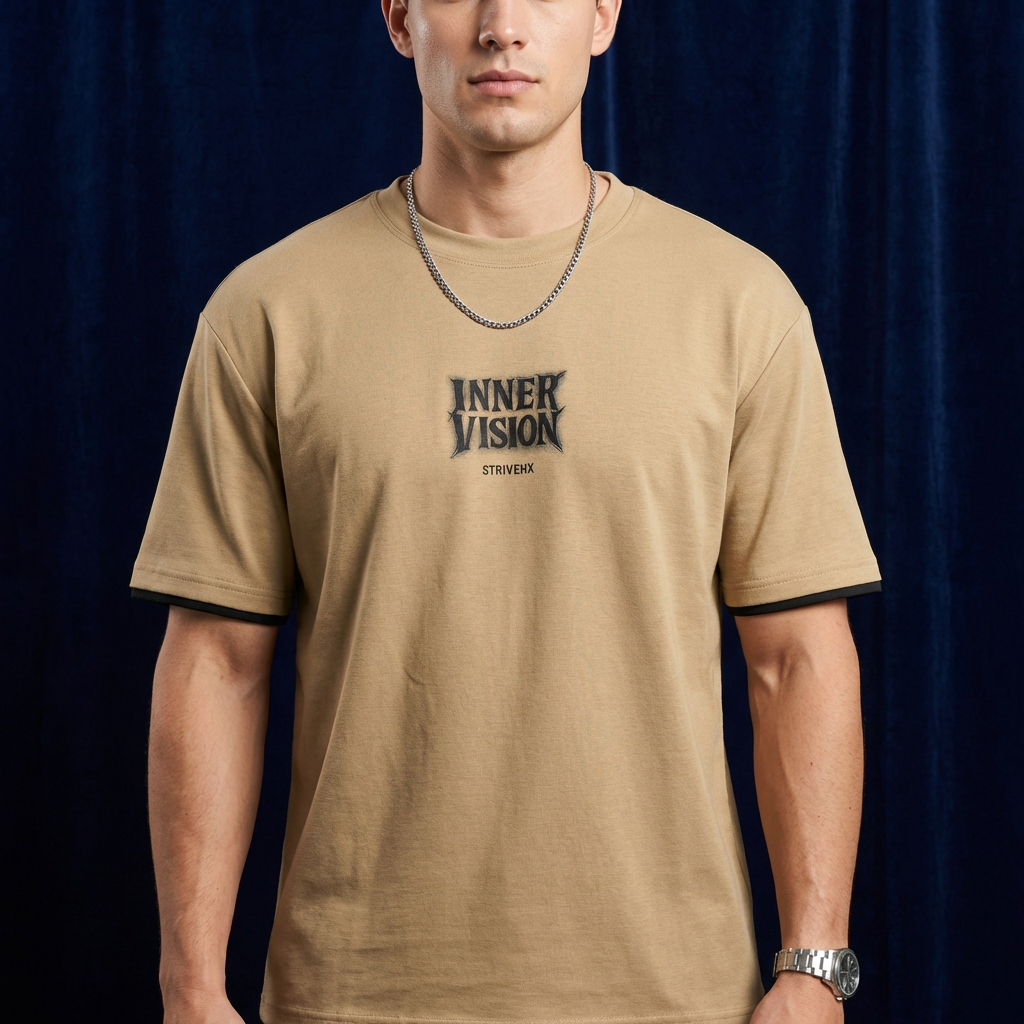 Close-up of WEARON Inner Vision Tee in Tan showing chest typographic print, navy velvet backdrop.
