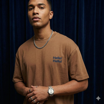 Close-up of WEARON Hello Tee in Brown with chest 'Hello! Hello!' print, navy velvet backdrop.