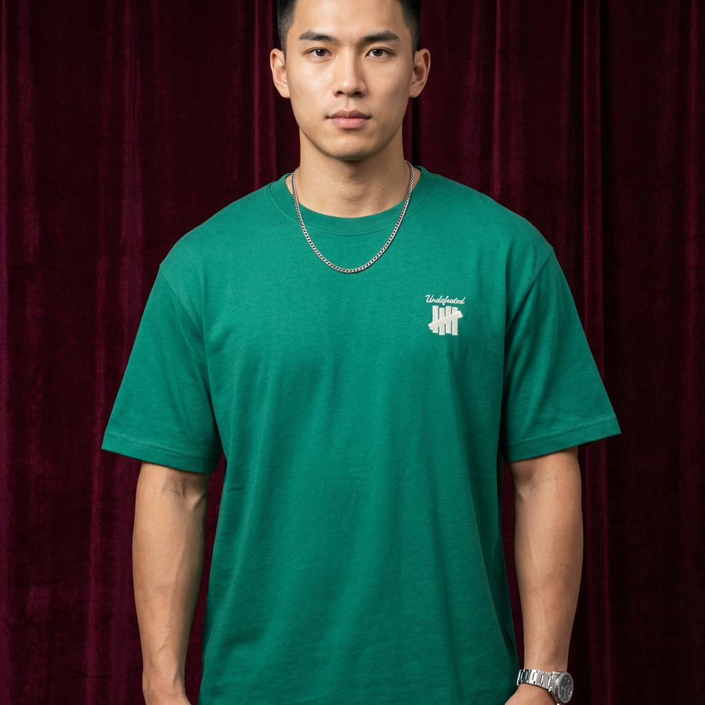 Close-up of WEARON 4-Bar Embroidered Tee in Black, rust velvet backdrop.