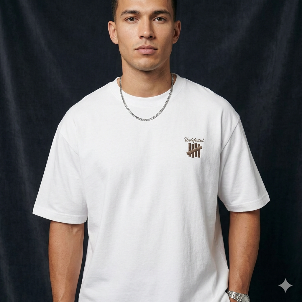 Close-up of WEARON 4-Bar Embroidered Tee in Forest Green, deep burgundy velvet backdrop.