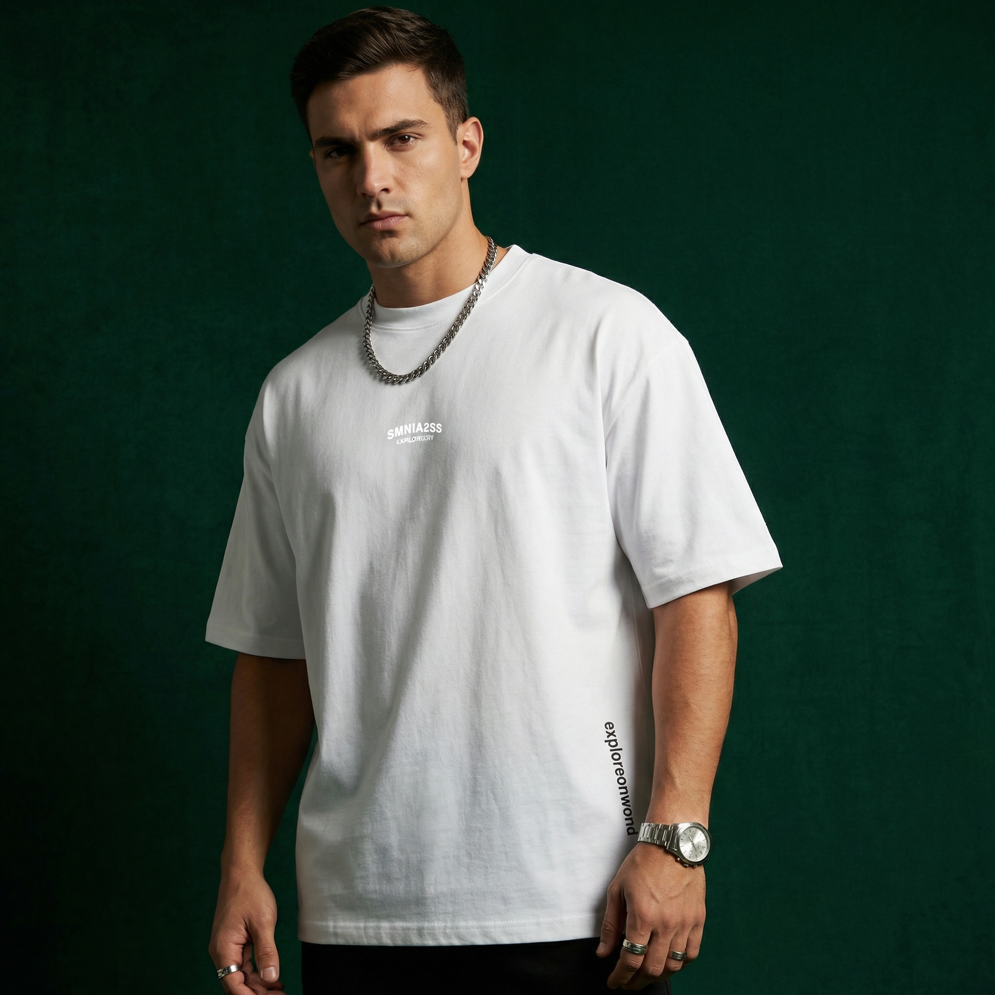 Close-up of WEARON Explore Onward Tee in Ivory with chest typographic mark, deep teal velvet backdrop.